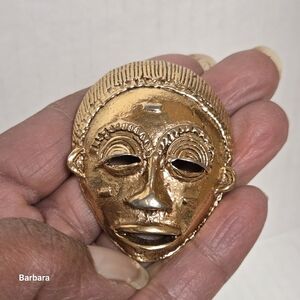 Baule Ivory Coast Tribal Gold-tone Mask Pin Brooch